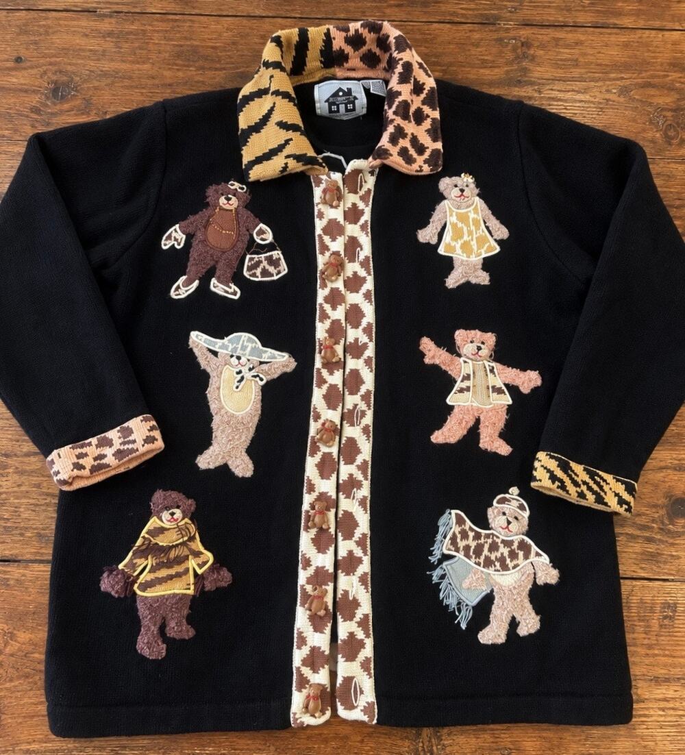 Storybook Knits 1X Teddy Bear Animal Print Cardigan Sweater HSN 3D Buttons
